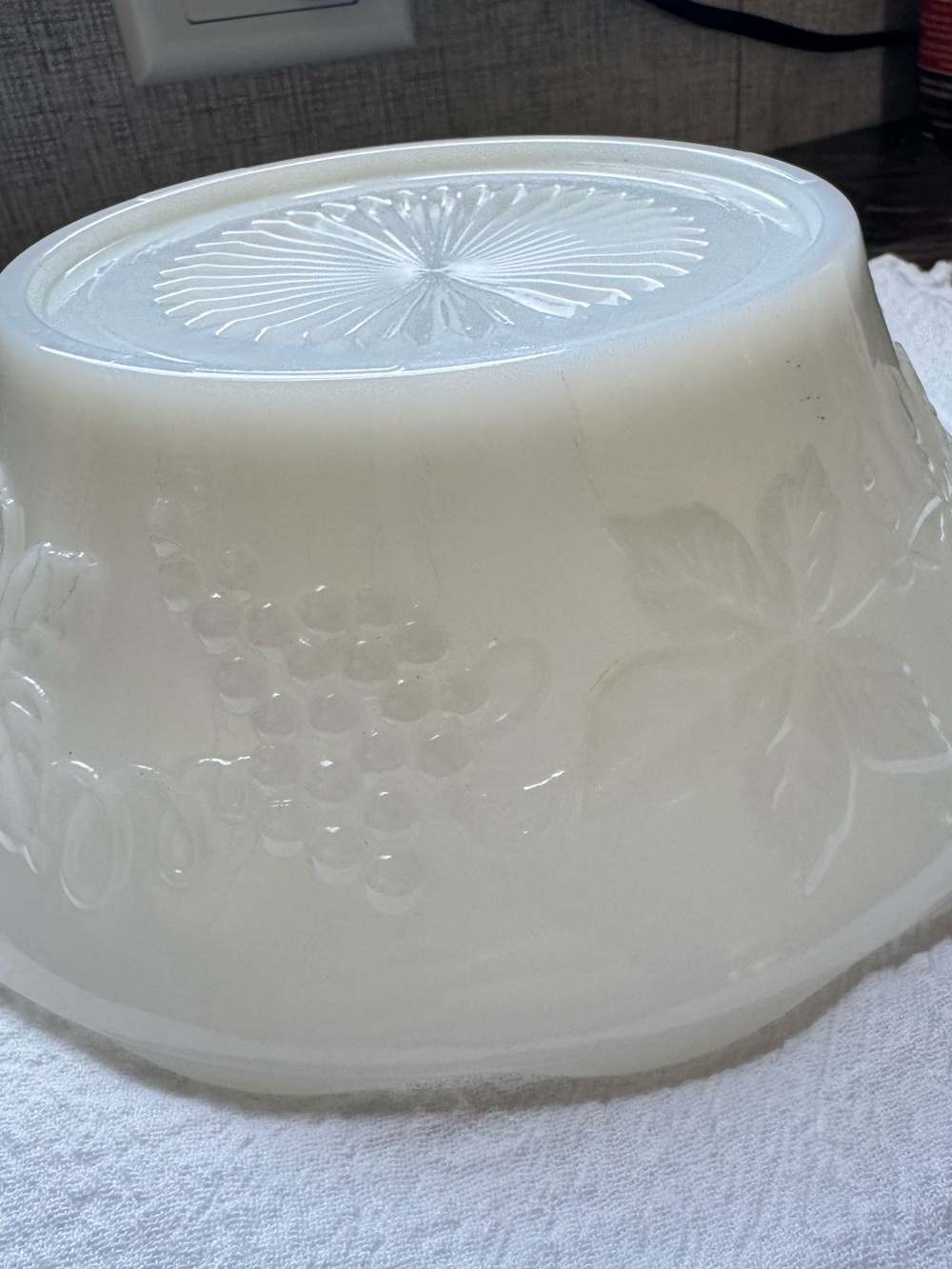 Vintage White Milk Glass Mixing Bowl with Grape Motif